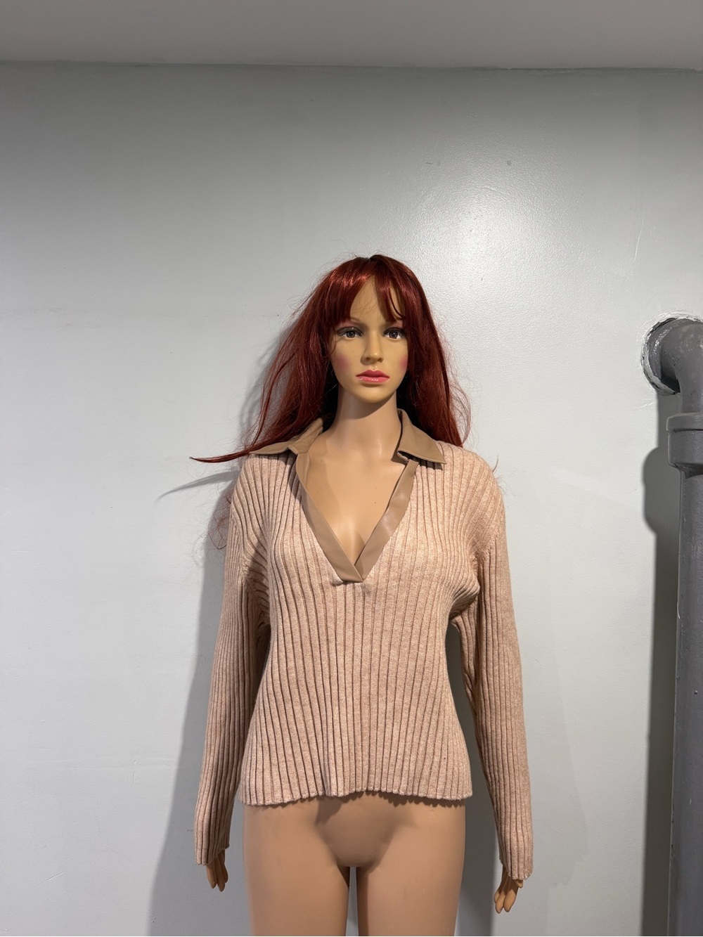Central Park West Ribbed V-Neck Sweater in Beige